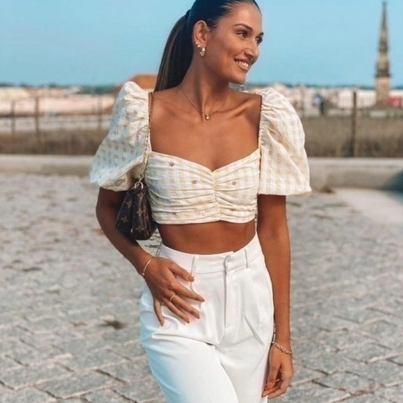 Zara Yellow & White Gingham Off-Shoulder or on the Shoulder Crop Top - Picture 5 of 12